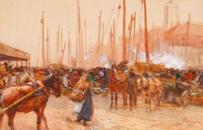 Coming to auction, a signed watercolour by John Atkinson
(1863-1924) & titled
"Unloading the Fleet" on mount.

Size: 47 x 57cms in frame.

The Fish Quay at North Shields?

Image: Anderson & Garland Ltd. Newcastle
