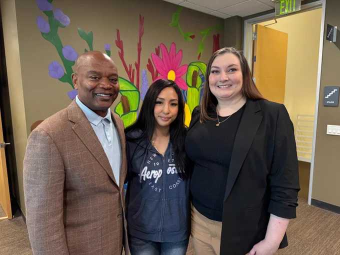 Commissioner Jett (left) with SouthWest Metro High School and New Beginning's Student Gissellee Arias Galvan (center) and Director of Alternative and Online Programs Amanda Jones. 