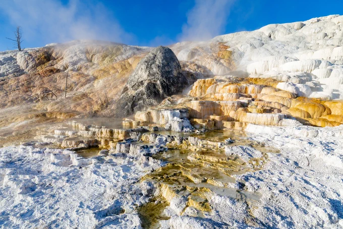 An expansive view of layers of colorful rocky terraces, with colors ranging from stark white, yellow, to orange. Steam can be seen rising from areas where hot water is reaching the surface. These terraces are a part of a larger hydrothermal feature called Palette Spring.