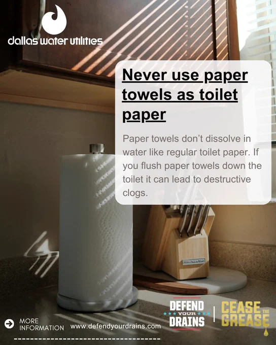 Photo of paper towels on a countertop. With a message saying Never use paper towels as toilet paper!