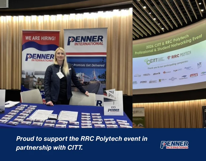 Penner International team member representing the company at the 2026 CITT & RRC Polytech Professional & Student Networking Event, standing at a recruitment booth with hiring materials, company banners, and event presentation screens in the background.