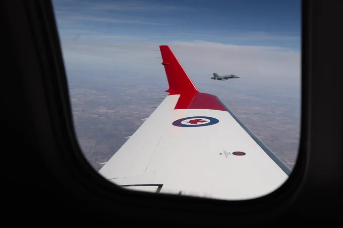 A NORAD CF-18 Hornet intercepts a track of interest (CC-144 Challenger) during AMALGAM MUTE, a no-notice, live-fly exercise to test response capabilities of NORAD units.