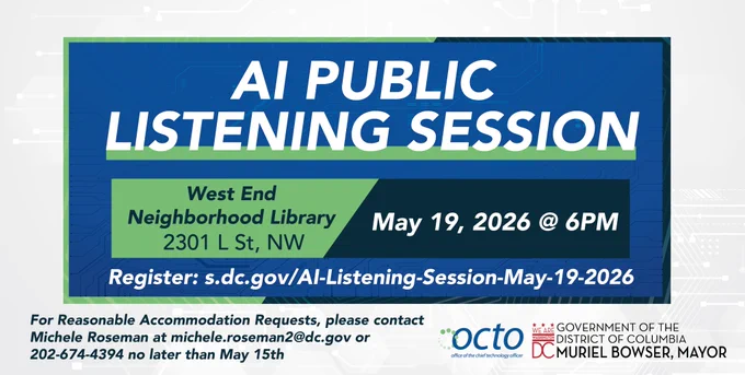 Flyer for the DC Government AI Public Listening Session. May 19, 2026 at 6PM at West End Neighborhood Library, 2301 L St NW. Register at s.dc.gov/AI-Listening-Session-May-19-2026. Hosted by OCTO under Mayor Muriel Bowser.