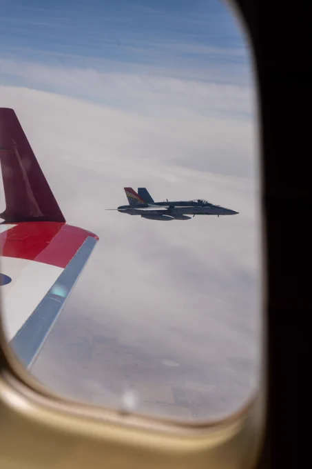 A NORAD CF-18 Hornet intercepts a track of interest (CC-144 Challenger) during AMALGAM MUTE, a no-notice, live-fly exercise to test response capabilities of NORAD units.
