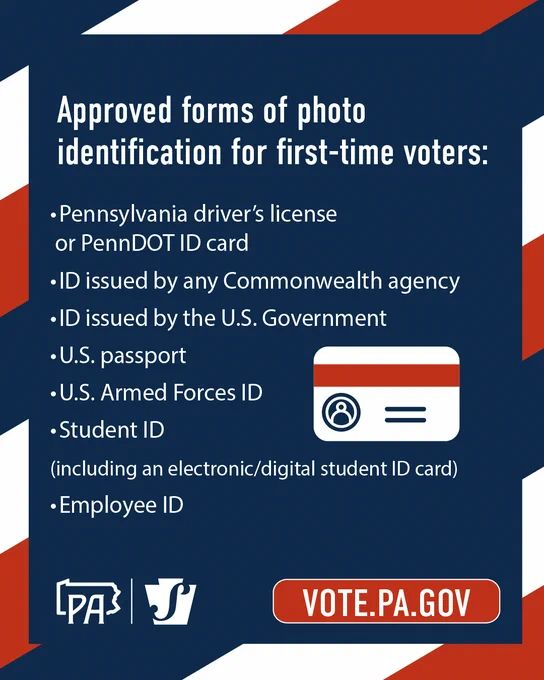 Approved forms of photo identification for first-time voters: Pennsylvania driver’s license or PennDOT ID card
ID issued by any Commonwealth agency
ID issued by the U.S. Government
U.S. passport
U.S. Armed Forces ID
Student ID 
(including an electronic/digital student ID card)
Employee ID