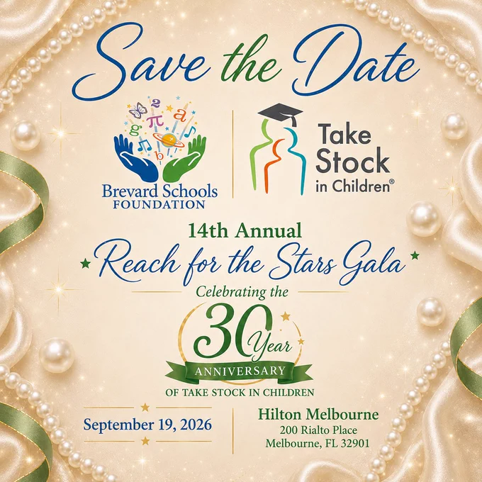 “Save the Date” graphic for the 14th Annual Reach for the Stars Gala celebrating the 30-year anniversary of Take Stock in Children. Design features gold satin drapery, pearls, green ribbon accents, and sparkling details. Includes Brevard Schools Foundation and Take Stock in Children logos, event date of September 19, 2026, and location at Hilton Melbourne in Melbourne, Florida.