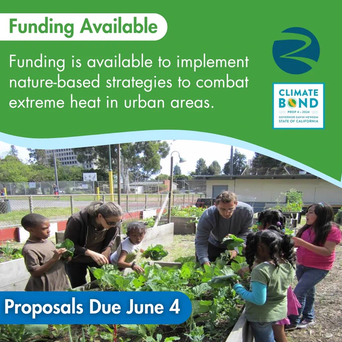 Two adults and several children work together at raised garden beds in an urban community garden. Text reads: "Funding Available" "Funding is available to implement nature-based strategies to combat extreme heat in urban areas." "Proposals Due June 4" California Strategic Growth Council, Climate Bond Prop 4 • 2024 Governor Gavin Newsom State of California