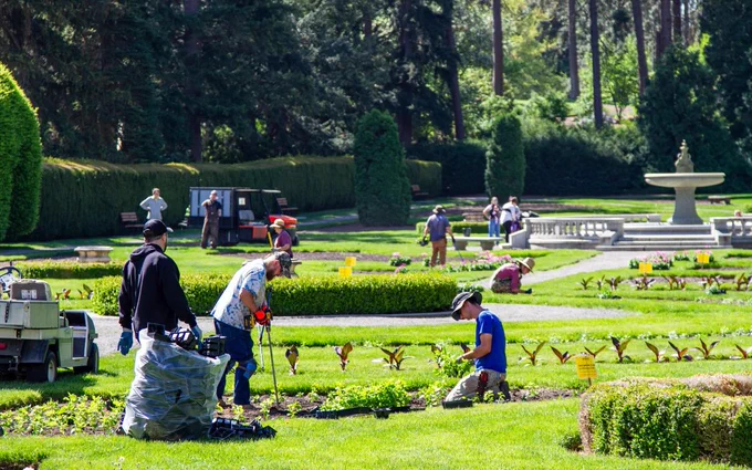 A group of Manito Park staff gardening on a sunny day in a park with trees and a fountain in the background.