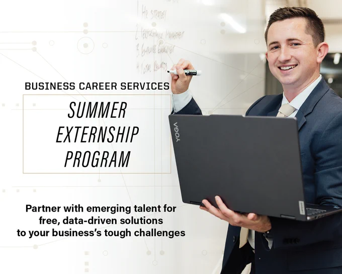 The image features a person holding a Lenovo Yoga laptop and writing on a whiteboard. The text reads: "Business Career Services Summer Externship Program. Partner with emerging talent for free, data-driven solutions to your business’s tough challenges.