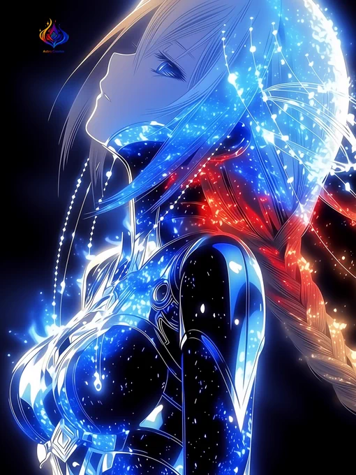 A luminous android lady surrounded by scarlet and blue cosmic energy. Her glowing silver hair, galaxy-textured body, and serene profile create a futuristic celestial atmosphere.