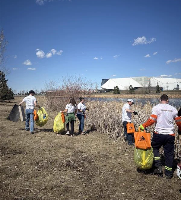 Volunteers collecting trash along a riverside under a blue sky. 