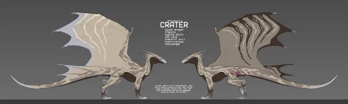 A reference sheet showing the left and right side of a brown colored quadrupedal dragon. The one on the left shows the light brown underside of the wing, the one on the right shows the dark brown striped topside of the wing. She has quill-like horns along the back of her head and no ears, the splotchy markings on her body vaguely resemble camo, and her left thigh shows serious tissue damage from a psyrap attack. There are some light grey-blue accents on her points and the text in the middle describes her as being 39 tons, neutral evil, and a carnivorous scavenger.