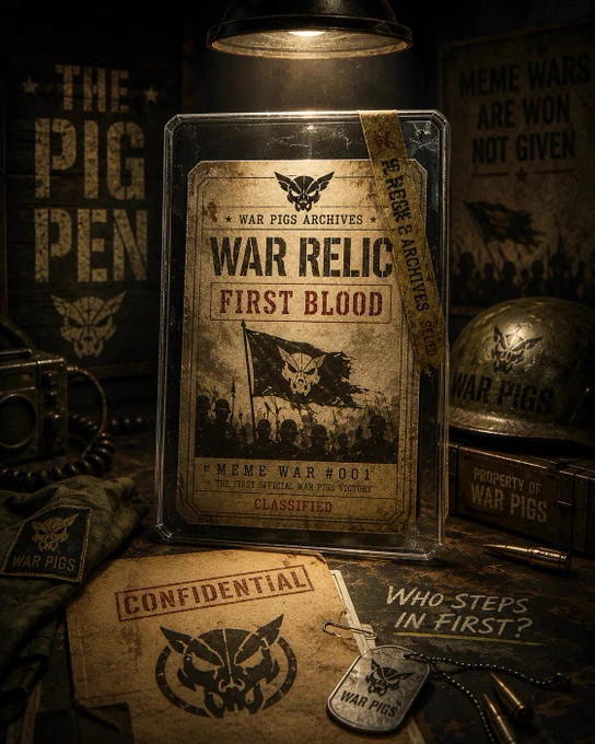 Cinematic military archive themed image for War Pigs Meme Wars. A classified card-shaped “War Relic” artifact labeled “First Blood” sits sealed inside a protective case under a spotlight inside a dark war room. The image features tactical insignias, military archive props, worn metal textures, and propaganda style visuals teasing the first official Meme War event called The Pig Pen.

