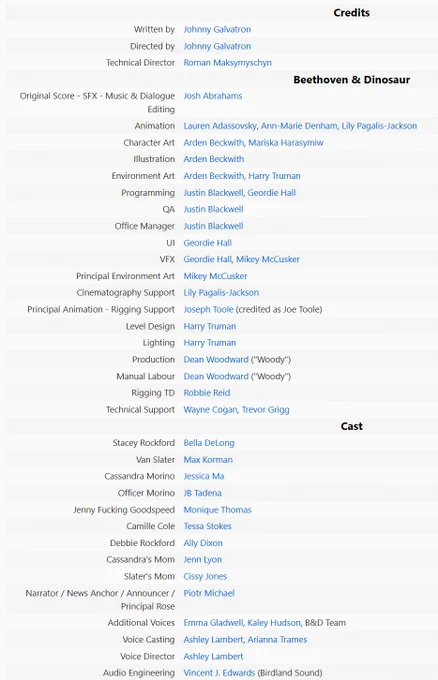 Written by	Johnny Galvatron
Directed by	Johnny Galvatron
Technical Director	Roman Maksymyschyn
Beethoven & Dinosaur
Original Score - SFX - Music & Dialogue Editing	Josh Abrahams
Animation	Lauren Adassovsky, Ann-Marie Denham, Lily Pagalis-Jackson
Character Art	Arden Beckwith, Mariska Harasymiw
Illustration	Arden Beckwith
Environment Art	Arden Beckwith, Harry Truman
Programming	Justin Blackwell, Geordie Hall
QA	Justin Blackwell
Office Manager	Justin Blackwell
UI	Geordie Hall
VFX	Geordie Hall, Mikey McCusker
Principal Environment Art	Mikey McCusker
Cinematography Support	Lily Pagalis-Jackson
Principal Animation - Rigging Support	Joseph Toole (credited as Joe Toole)
Level Design	Harry Truman
Lighting	Harry Truman
Production	Dean Woodward ("Woody")
Manual Labour	Dean Woodward ("Woody")
Rigging TD	Robbie Reid
Technical Support	Wayne Cogan, Trevor Grigg
Cast
Stacey Rockford	Bella DeLong
Van Slater	Max Korman
Cassandra Morino	Jessica Ma
Officer Morino	JB Tadena
Jenny Fucking Goodspeed	Monique 