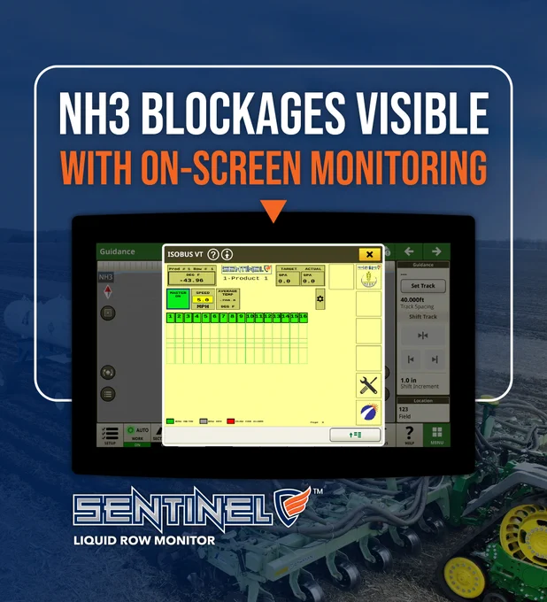 Blockages could be costing you big-time during NH3 application if you don't know they're happening. Sentinel™ NH3 puts row-by-row visibility in the cab, helping operators quickly identify blockages, partial plugs, and flow variances before uneven application impacts your yield. Real-time on-screen monitoring, audible alarms, and compatibility with most ISOBUS displays help you stay ahead of issues and keep every row working as intended. See the advantage at www.surepointag.com/sentinel-nh3. #LiquidFertilizer #SmartFarming #FertilizerApplication #PrecisionAg #SurePointAg