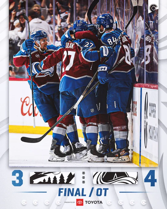FINAL from Game Five.
Minnesota Wild, 3.
Colorado Avalanche, 4.

Presented by Toyota. 