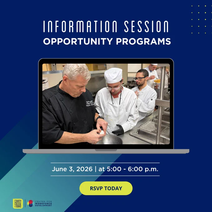 Graphic promoting an information session for CCM's Opportunity Programs on June 3, 2026 from 5:00-6:00 p.m. Includes a photo of two students helping the chef in the culinary kitchen.