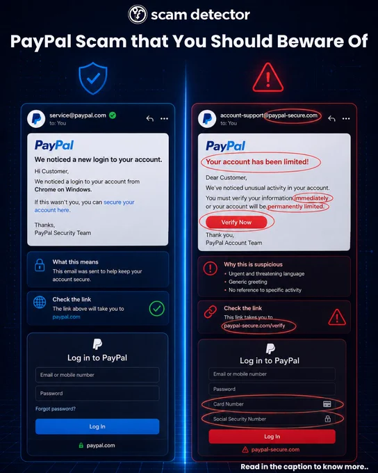 Split-screen infographic comparing a legitimate PayPal email and a phishing scam email. The left side shows a real PayPal security notification with a secure paypal.com login page and clear account activity details. The right side highlights a fake email using urgent language like “Your account has been limited!” and a suspicious verification link. Red warning circles emphasize phishing red flags, including generic greetings, threatening language, fake domains, and requests for sensitive information such as card numbers and Social Security numbers.