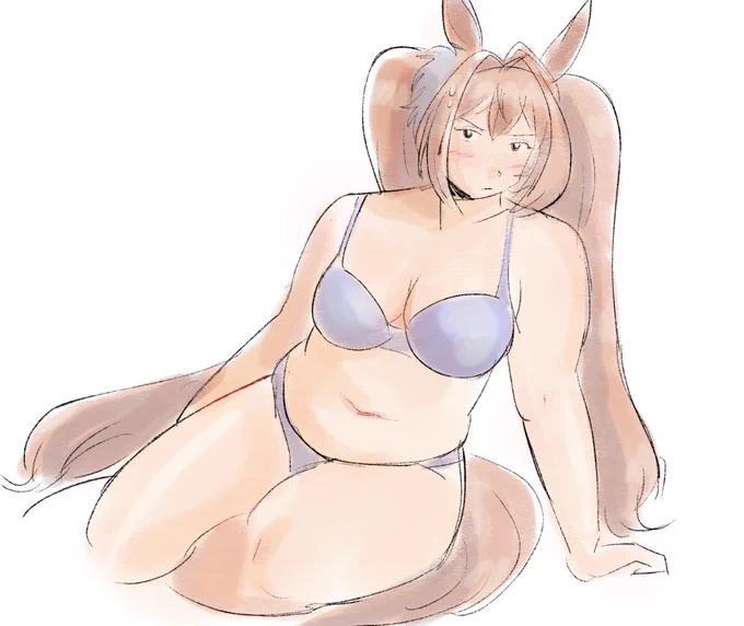 a digital drawing of daiwa scarlet from umamusume. she is in her underwear, and posed so she is resting on her legs, leaning her body weight onto her arm. she has a flustered expression.