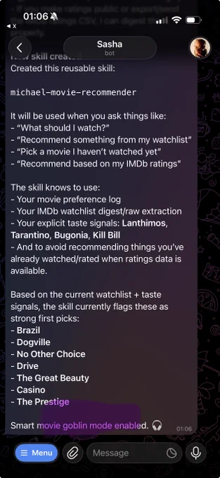 The image displays a mobile device user interface showing a chatbot named "Sasha" along with a description of a movie recommendation skill and a list of movie-related preferences and recommendations.