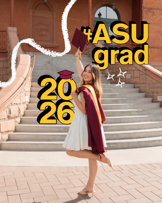 Jade Li poses with one foot popped while holding a maroon graduation cap and gown. Text overlay reads “2026” and “#ASUgrad.”