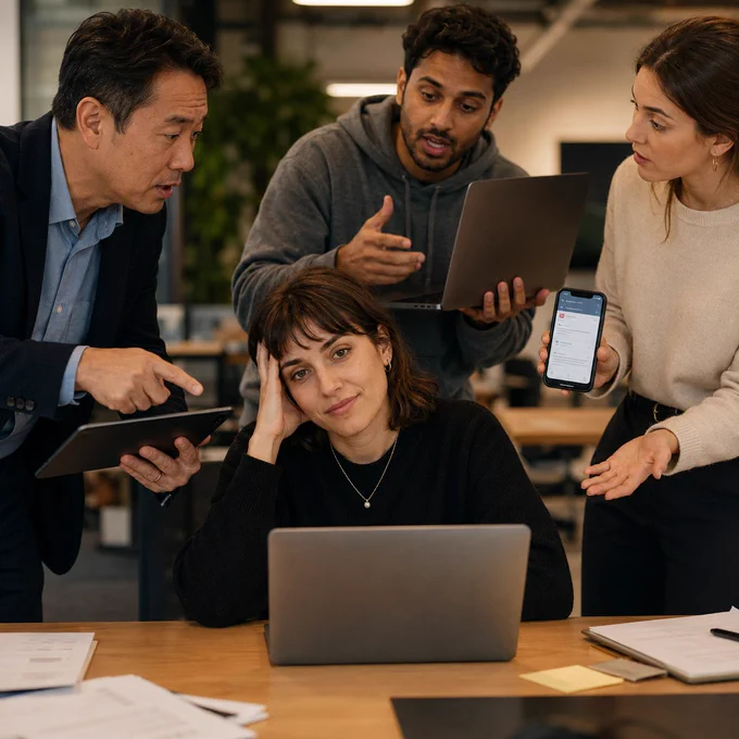 A tired but composed product manager sits at a laptop while three coworkers crowd around with a tablet, laptop, and phone, each asking for something in a busy modern office.