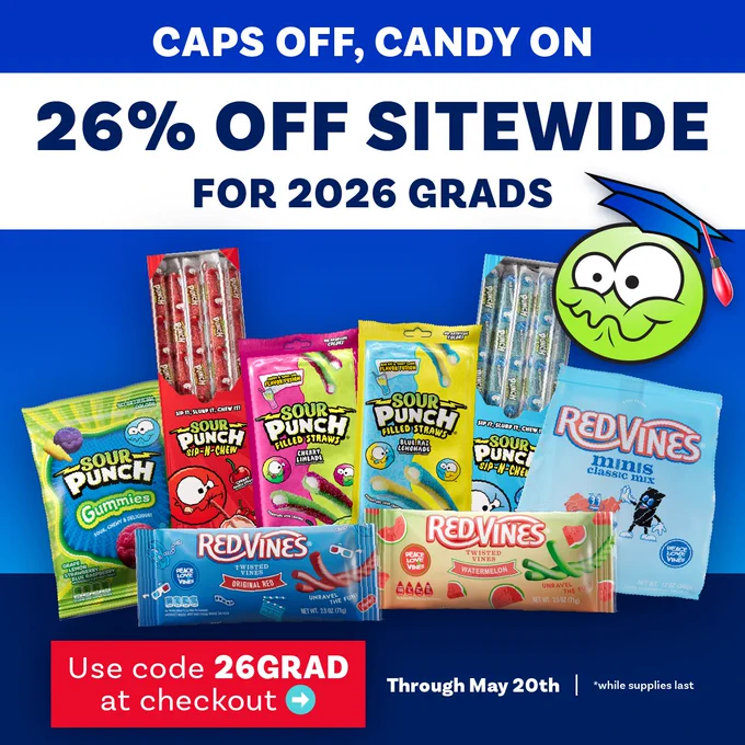 A promotional image for a sale featuring various Sour Punch and Red Vines candy products. The text reads "Caps Off, Candy On," offering 26% off sitewide for 2026 grads. Instructions to use code "26GRAD" at checkout are shown, with a deadline of May 20th. A smiling cartoon face wearing a graduation cap is included.