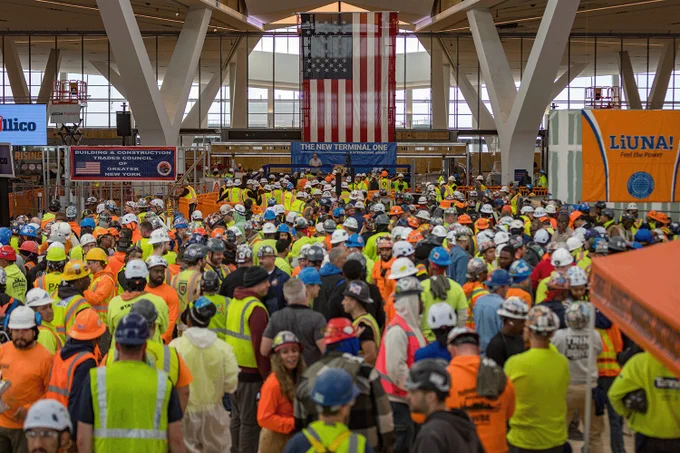 Over 1,600 LIUNA members from seven locals who have worked more than 11 million man hours on the construction of the John F. Kennedy Airport New Terminal One gathered for a "We Built That" Worker Appreciation Day as the project nears completion.