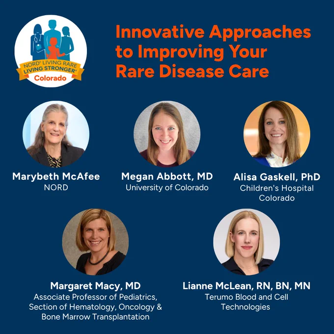 The image features a graphic titled "Innovative Approaches to Improving Your Rare Disease Care" along with the logos for NORD and Living Rare Living Stronger, Colorado. It includes photos of five individuals: Marybeth McAfee from NORD, Megan Abbott, MD from the University of Colorado, Alisa Gaskill, PhD from Children's Hospital Colorado, Margaret Macy, MD, an Associate Professor of Pediatrics specializing in Hematology, Oncology & Bone Marrow Transplantation, and Lianne McLean, RN, BN, MN from Terumo Blood and Cell Technologies.