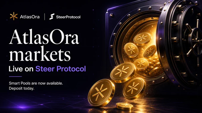 Golden coins are being deposited from a vault, highlighting AtlasOra markets now live on Steer Protocol with Smart Pools available.