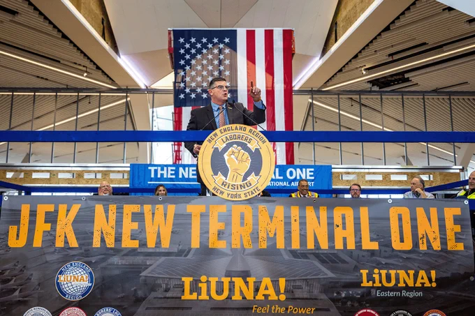 LIUNA Vice President and Eastern Region Manager Mike Hellstrom congratulated the assembled Laborers for all of the hard work they have put in over the last three years in building the New Terminal One, another piece of transformational, iconic New York infrastructure.