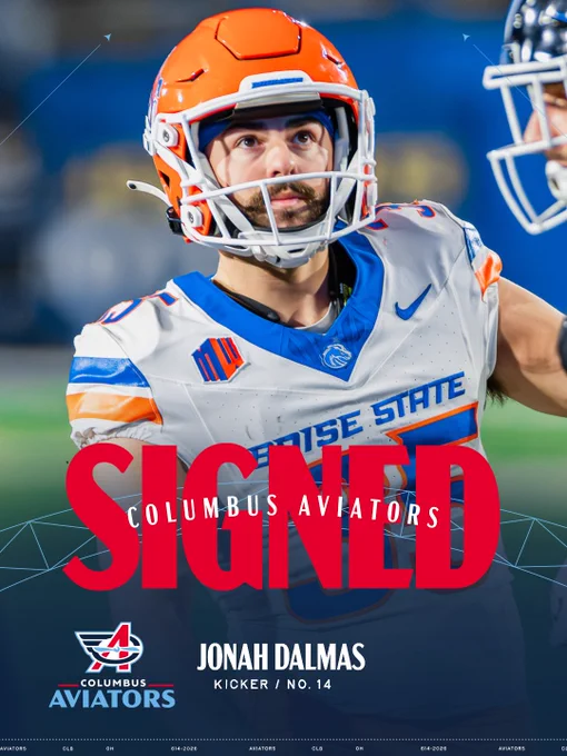 A promotional graphic of a football player in a Boise State uniform, with the word 'SIGNED' emphasizing his new position with the Columbus Aviators. The image presents a dynamic and determined mood.