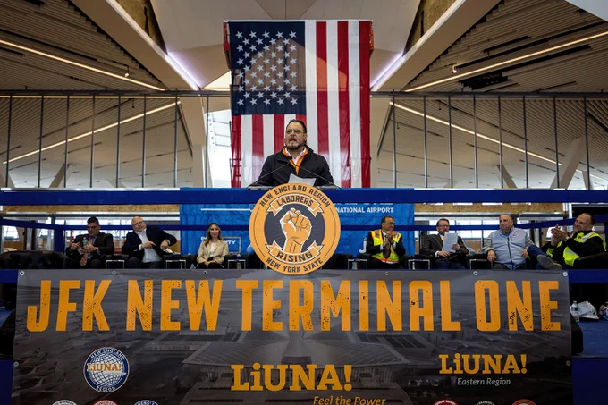 LIUNA General Secretary-Treasurer Michael F. Sabitoni thanked the assembled Union Laborers for all of their hard work to bring the New Terminal One to this point, and also made a point to thank our partners for their continuing commitment to build projects like these Union from the ground up.