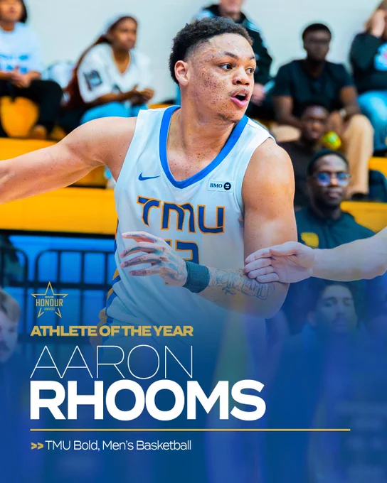 Graphic on blue background with gold and white text listing the award and the recipient’s name, surrounding a photo of Aaron Rhooms.