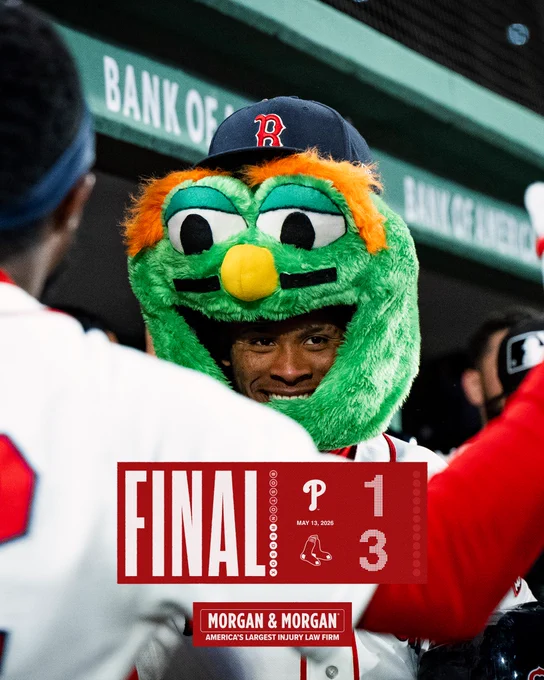TEXT:
FINAL - Red Sox 3, Phillies 1
May 13, 2026

IMAGE: Ceddanne Rafaela celebrates in the dugout while wearing the Wally head after hitting a home run against the Phillies at Fenway Park.