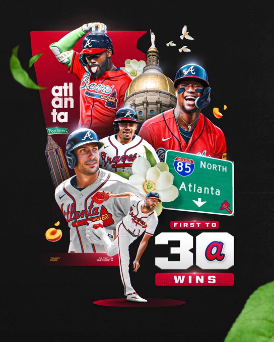 First to 30 Wins: Atlanta Braves
Pictured: A hype graphic based off the album cover from "Culture" by Migos. An assortment of cutouts include Michael Harris II, Ronald Acuña Jr., Drake Baldwin, Matt Olson and Chris Sale.