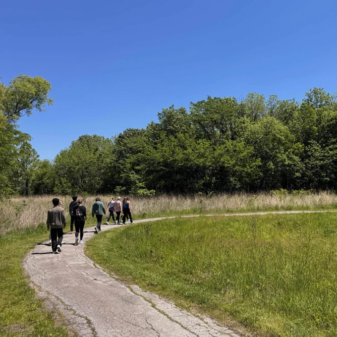 A group of people walking along a paved path through a grassy field surrounded by trees on a sunny day.
