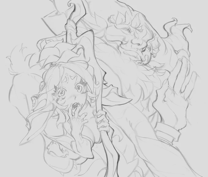 Sketch depicting lillia being startled by ivern, as she runs into him while traveling through the woods. 

I wanted to try a more movie poster like composition. I also find it amusing that ivern gives lillia a care free wave as he passes by, while she is on the verge of tears considering he is a 9 ft something tall tree man! (and shes just a shy girl!)

im gonna render this piece out over the coming days, filling it with color and lighting. 