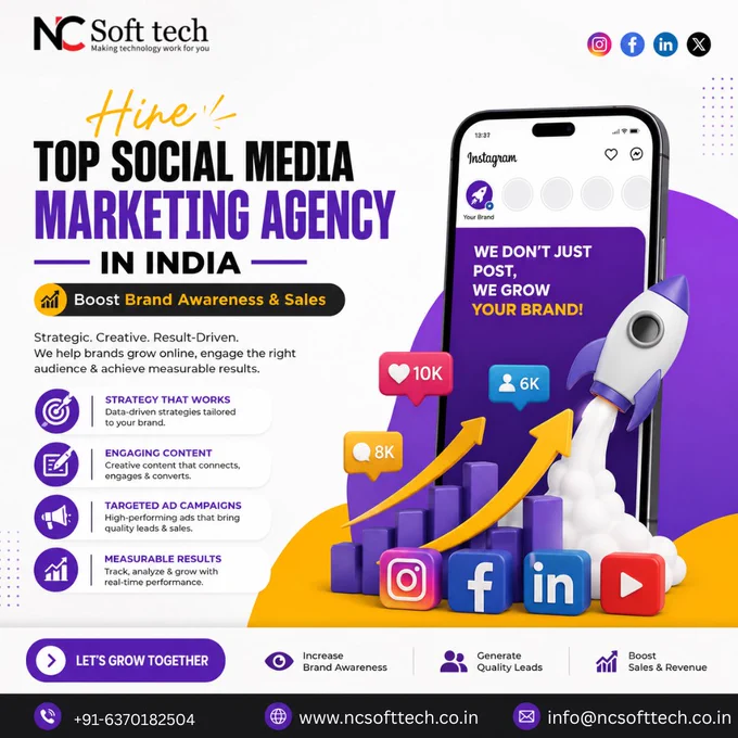Hire the Top Social Media Marketing Agency in India

Your customers are already on social media.
The real question is — is your brand getting noticed, remembered, and chosen?

At Meta
, Instagram
, LinkedIn
, and YouTube
, attention moves fast. A powerful social media strategy helps your business stand out, connect emotionally, and convert followers into loyal customers.

How a Social Media Marketing Company Boosts Brand Awareness & Sales
🚀 Builds a Strong Brand Presence

A professional social media marketing company creates content that reflects your brand voice, values, and identity. From eye-catching creatives to engaging reels and campaigns, your business becomes instantly recognizable across platforms.

Result: Higher visibility, stronger trust, and better audience recall.

#NCSofttech #SocialMediaAgency #SocialMediaMarketingIndia #BrandPromotion #LeadGeneration #SocialMediaMarketingAgency #OnlineAdvertising 

To know more:

📞 Call:  91-6370182504
📧 Email: info@ncsofttech.co.in