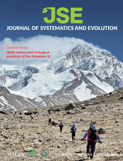 Photograph. In the distance, beneath a deep blue sky, is a snow-capped mountain with white clouds surrounding its peak. In the foreground, four climbers/hikers walk in a line toward the mountain. Text reads: JSE Journal of Systematics and Evolution. Special Issue: Uplift history and biological evolution of the Himalaya (I).