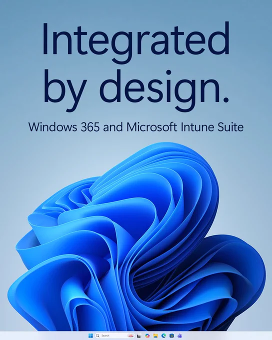 Promotional graphic with the headline “Integrated by design.” and subtext “Windows 365 and Microsoft Intune Suite” displayed above a blue abstract, layered Windows-style swirl on a light blue gradient background.
