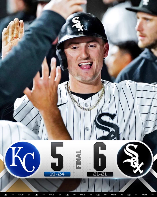 Final Score Graphic - 5/13/26
Kansas City Royals 5 (19-24), Chicago White Sox 6 (21-21)
Pictured: Colson Montgomery high-fives teammates in the dugout after hitting a home run. He wears a white pinstriped White Sox uniform and a black batting helmet.