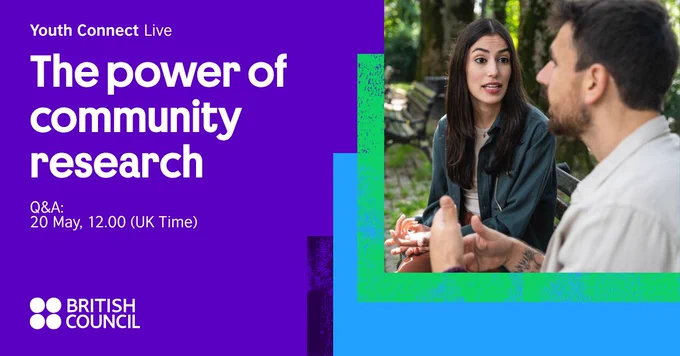 Two people engaged in a thoughtful outdoor conversation about community research for a British Council Youth Connect live event.