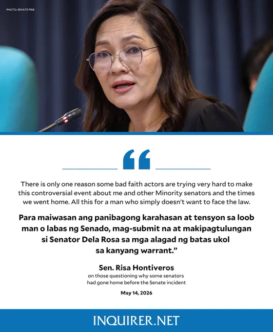 Sen. Risa Hontiveros defended senators and Senate employees who had already gone home before the May 13 Senate incident, criticizing attempts to politicize the situation and urging Sen. Ronald "Bato" dela Rosa to cooperate with authorities to prevent similar violence and unrest.