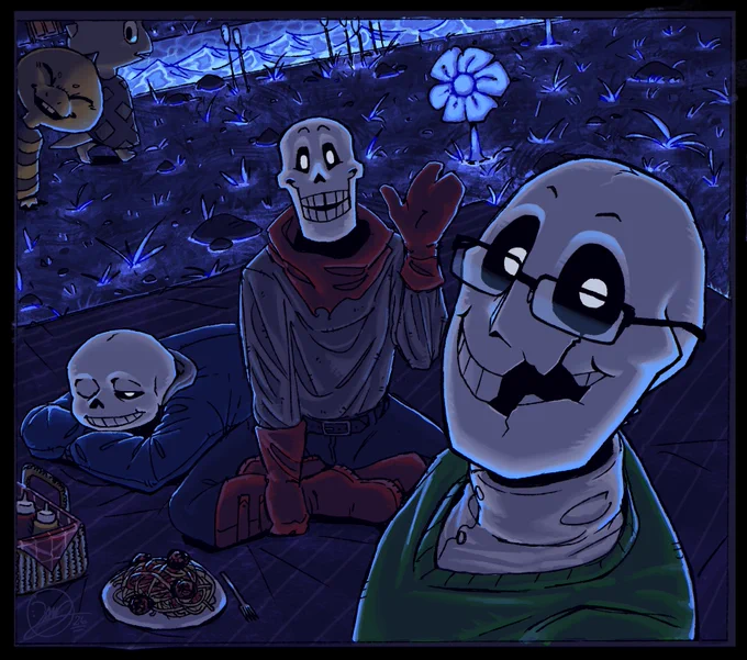 Art of Sans, Papyrus, and W.D. Gaster on a picnic together in Waterfall. Monster kid and Goner kid can be seen in the background, with a brown door just visible behind them in the distance.

Did this one a little while ago but haven’t been able to post since I’ve been at college. Needed to post it to get it out of my system

Hope you like it, press like if you did, or not! 
Thanks for stopping by, take care!! Bye now ok bye thanks bye loveyou bye

Ref credit: @/dkdleldjqordjq



btw the title is a pun on “The Brothers Grimm”
sorry