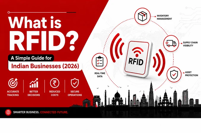 Professional 4:5 Instagram infographic design in red, black, and white theme explaining RFID technology for Indian businesses in 2026. The left side features a bold “What is RFID?” headline with key benefits like Accurate Tracking, Better Decisions, Reduced Costs, and Secure Operations using modern icons. The right side showcases a central RFID card illustration with wireless signals surrounded by use-case icons for Inventory Management, Supply Chain Visibility, Real-Time Data, and Asset Protection. The footer includes the slogan “Smarter Business. Connected Future.” along with the website link https://m-techindia.com/
. Modern corporate style with clean layout, Indian skyline silhouette, and futuristic tech elements.
