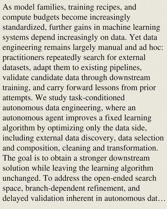 As model families, training recipes, and compute budgets become increasingly standardized, further gains in machine learning systems depend increasingly on data. Yet data engineering remains largely manual and ad hoc: practitioners repeatedly search for external datasets, adapt them to existing pipelines, validate candidate data through downstream training, and carry forward lessons from prior attempts. We study task-conditioned autonomous data engineering, where an autonomous agent improves a fixed learning algorithm by optimizing only the data side, including external data discovery, data selection and composition, cleaning and transformation. The goal is to obtain a stronger downstream solution while leaving the learning algorithm unchanged. To address the open-ended search space, branch-dependent refinement, and delayed validation inherent in autonomous data engineering, we propose DataMaster, a data-agent framework that integrates tree-structured search, shared candidate data, and