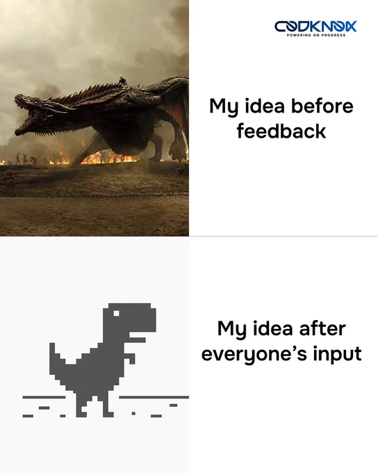 An infographic image with text “My idea before feedback, My idea after everyone’s input”
