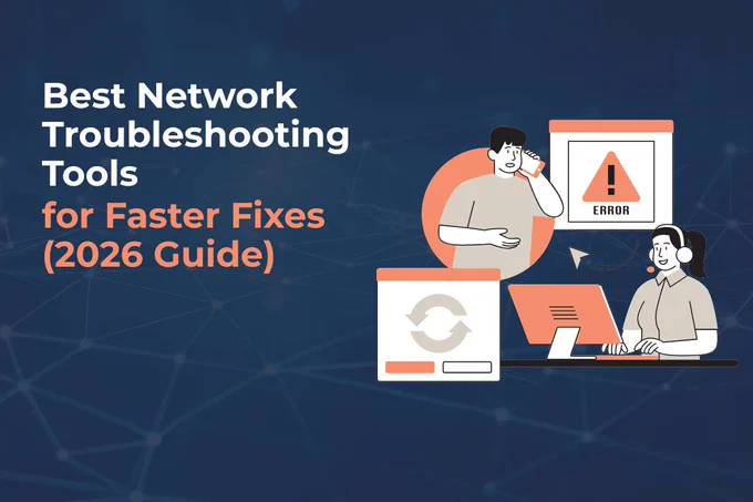 Illustration of IT professionals troubleshooting network errors, titled Best Network Troubleshooting Tools for Faster Fixes.