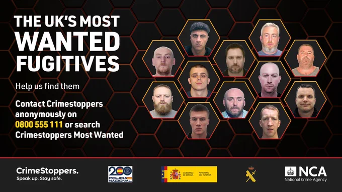 Graphic showing the UK's Most Wanted Fugitives believed to be hiding in Spain